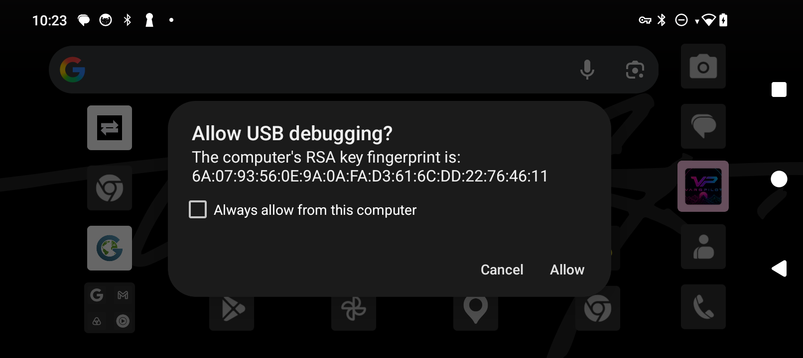 Arkenstone prompt: Allow USB debugging? The Allow button is at the bottom right.